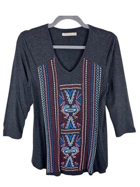Caite‎ Gray 3/4 Sleeve Colorful Embroidered V- Neck Knit Pullover Blouse Aztec S